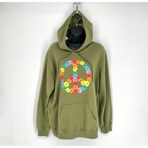 The Phluid Project NEW Floral Peace Sign Hoodie Unisex Sz M Green Pocket Soft